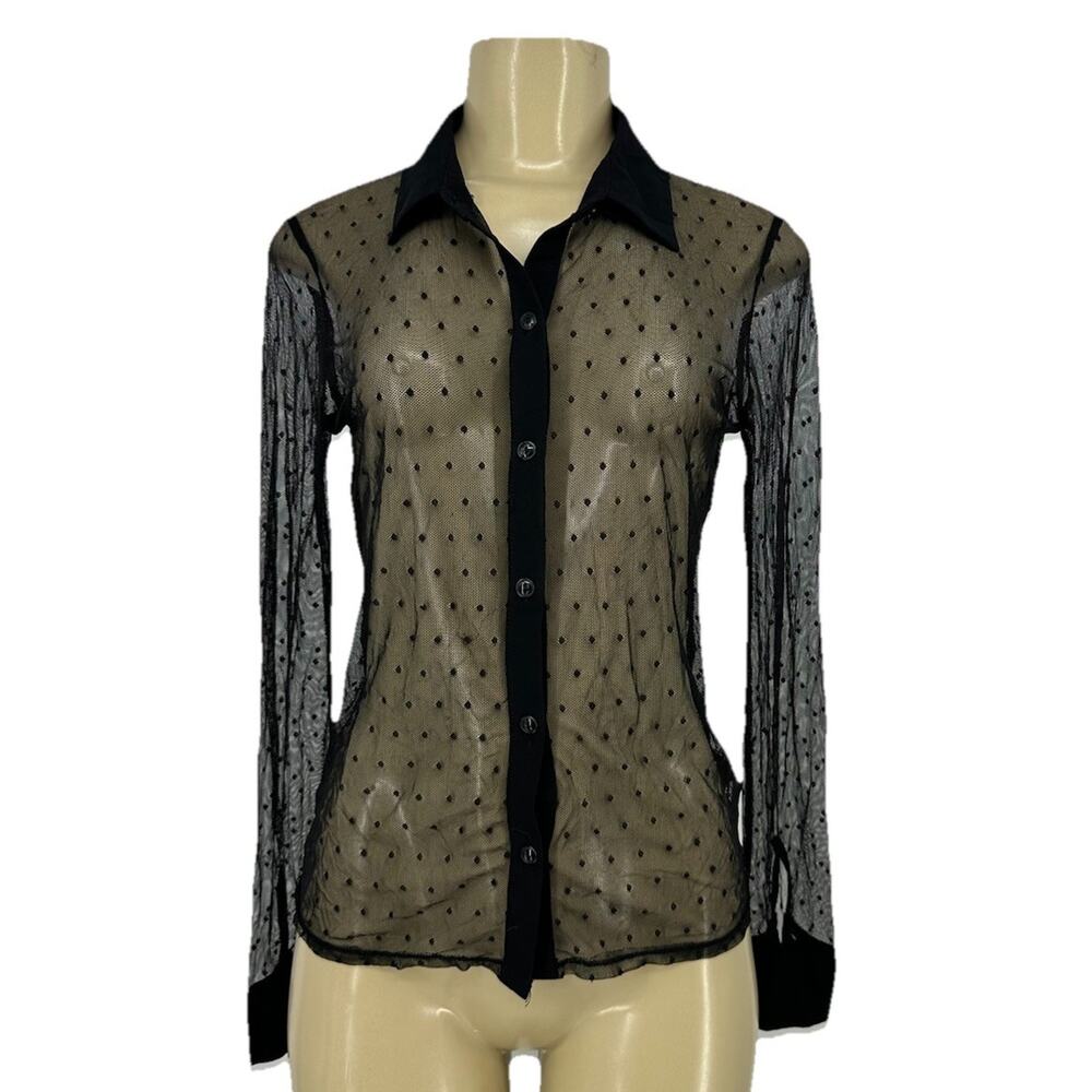 HAVE Medium WOMEN Black Mesh Button Up Shirt Sheer Long Sleeve KL18